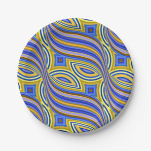 Prato De Papel Padrão Azul Amarelo Psicodélico Retro Selvagem