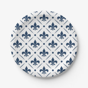 Prato De Papel Padrão azul escuro Fleur De Lis sobre fundo branco