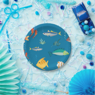 Prato De Papel Padrão Azul Ilustrado de Peixe e Cavalo-Marinho Mo