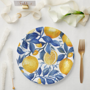 Prato De Papel Padrão Azulejo Lemons Blue Leaves
