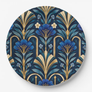 Prato De Papel Padrão Botânico Art Déco. Azul Safira