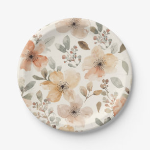 Prato De Papel Padrão Botânico de Aquarela Floral Bege Pêssego