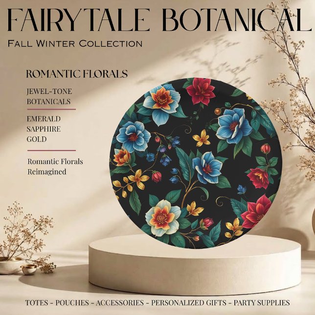 Prato De Papel Padrão Botânico de Conto de Fadas  (Fairytale Botanical Pattern Monogram Script Florals with Vines Jewel Tones Emerald Sapphire Gold )