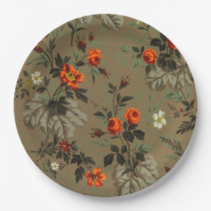 Prato De Papel Padrão Botânico de Rosa Laranja Floral Escura Vint