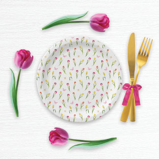Prato De Papel Padrão Branco das Tulipas e Borboletas
