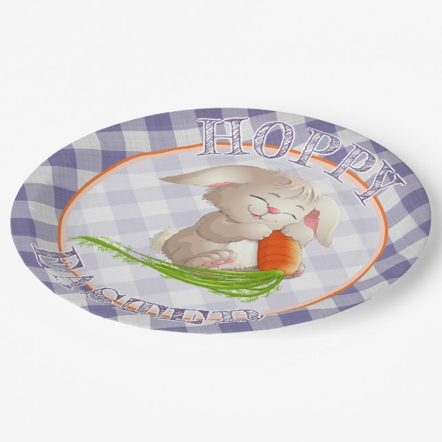Prato De Papel Padrão Bunny Violet Gingham do Felz pascoa Hoppy (Inclinado)