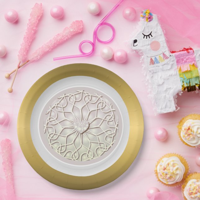 Prato De Papel Padrão cardíaco do Rosa Dourado LOVE geométrico (Festa)