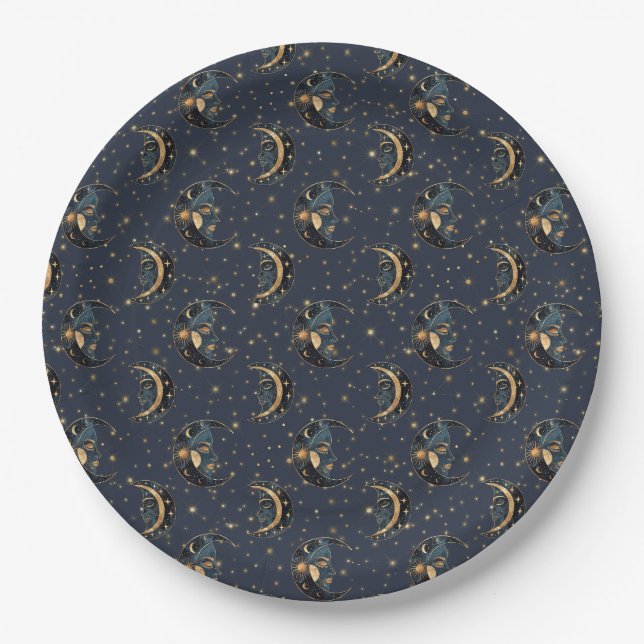 Prato De Papel Padrão Celestial Lua Ouro Luxo (Frente)