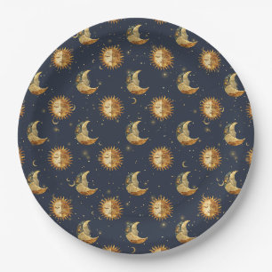 Prato De Papel Padrão Celestial Sol & Lua Estrela Dourada Noite (