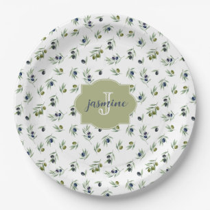 Prato De Papel Padrão Chic de Aquarela com Nome e Monograma em Ve