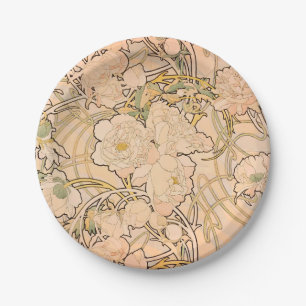 Prato De Papel Padrão Clássico de Jardim de Peônia Art Nouveau po