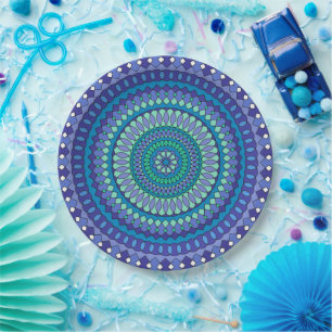 Prato De Papel Padrão clássico de turquesa e mandala azul lacrimo