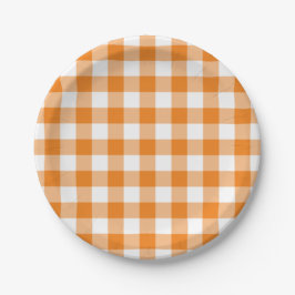 Prato De Papel Padrão Clássico de Xadrez de Gingham Branco Laranj