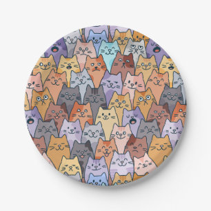Prato De Papel Padrão Colorido de Gatos Fofos Multidão Rosto de G