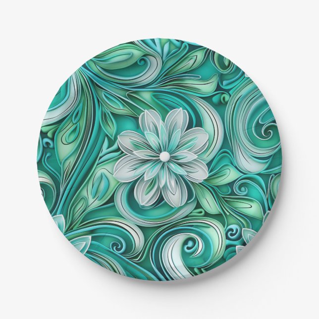 Prato De Papel Padrão contínuo de flor de papel azul-verde (Frente)