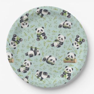 Prato De Papel Padrão contínuo de Panda Fofo e Bambu