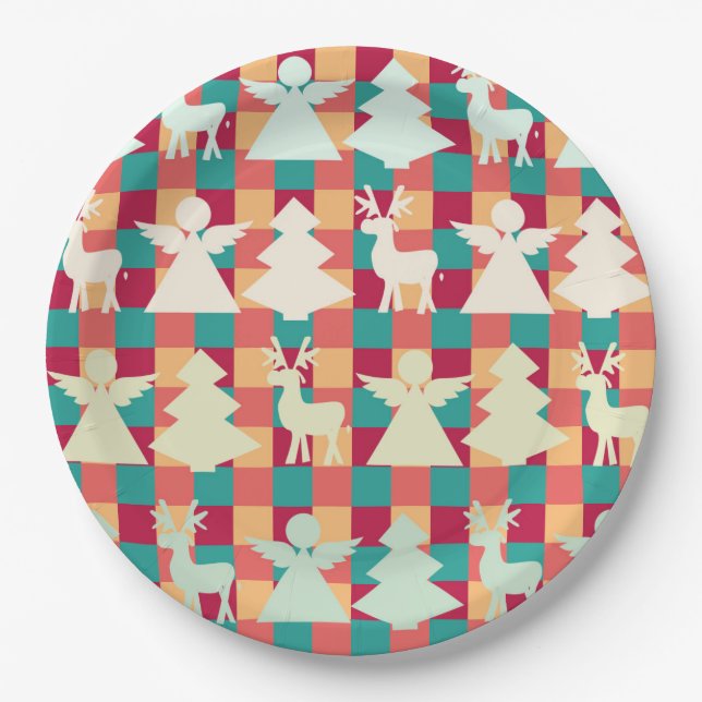 Prato De Papel Padrão controlado com anjos, renas e árvores (Frente)