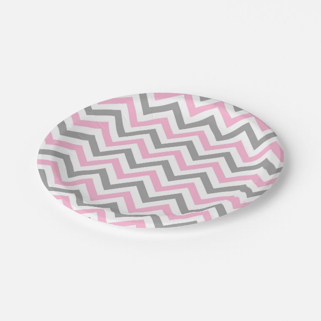 Prato De Papel Padrão Cor-de-rosa, Cinza-k Wht Grande Chevron Zig (Inclinado)