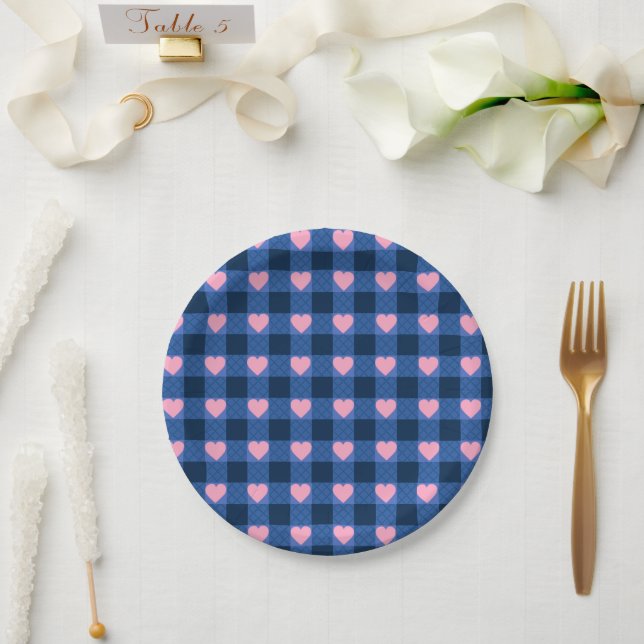 Prato De Papel Padrão Coração Cor-de-Rosa Azul-Gingham (Casamento)