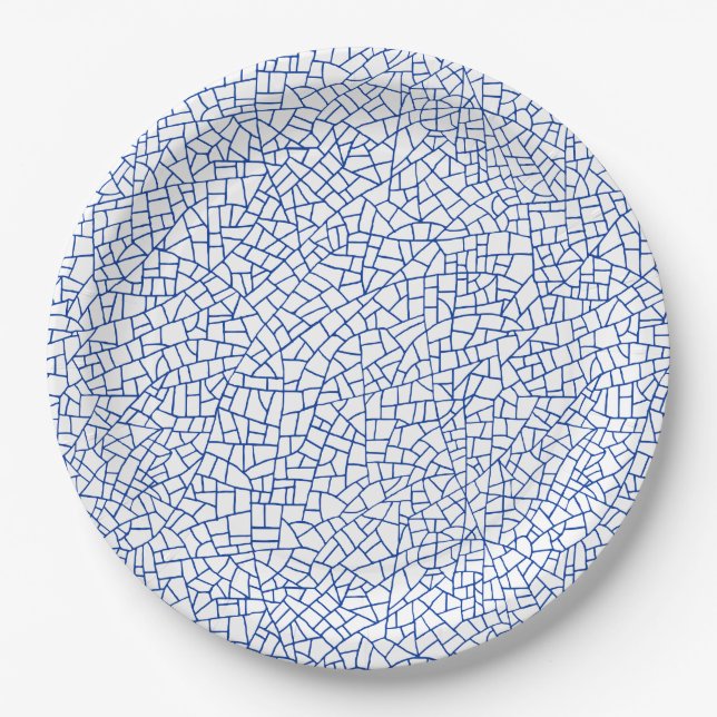 Prato De Papel Padrão Craquelure - Marinho Azul em Branco (Frente)