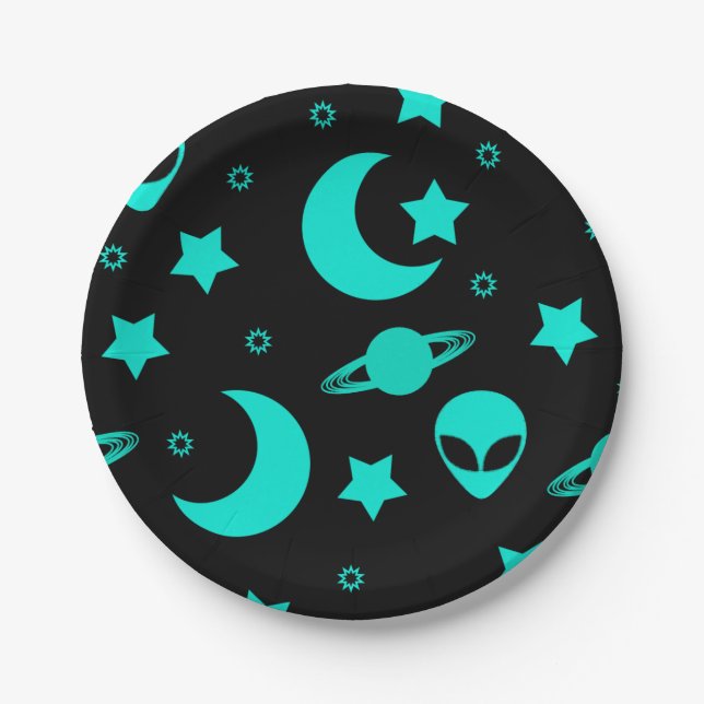 Prato De Papel Padrão de Alien Turquesa com Estrelas e Luas (Frente)