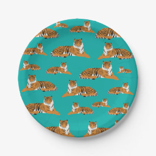 Prato De Papel Padrão de Animal Tigre da Selva Laranja Azul Turqu