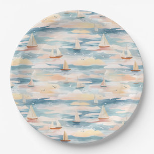 Prato De Papel Padrão de Aquarela de Barcos à Vela Sonhadores no 
