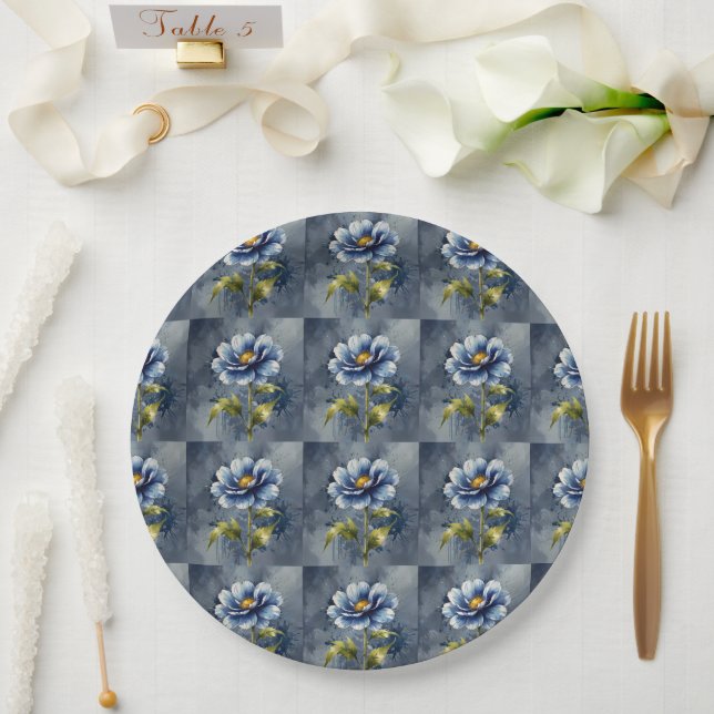 Prato De Papel padrão de aquarela de flor azul (Casamento)