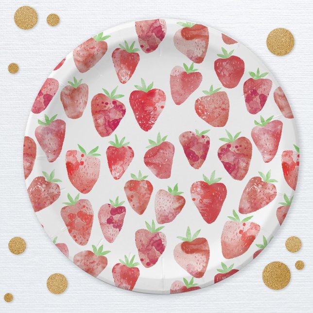 Prato De Papel Padrão de Aquarela de Morango (Watercolor strawberry pattern party paper plate)