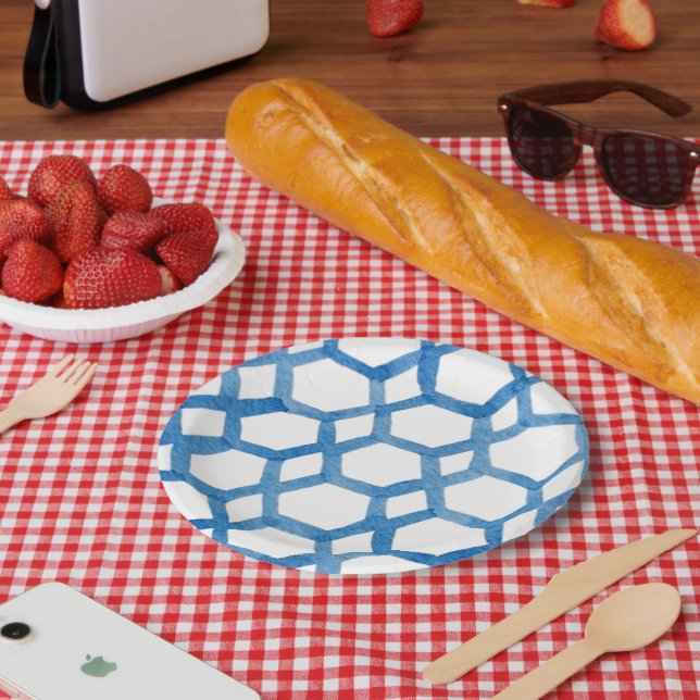 Prato De Papel Padrão de aquarela polígono Shibori Azul (Piquenique)