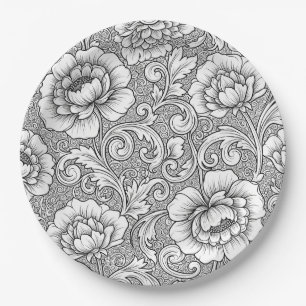 Prato De Papel Padrão de arte de linha floral preto e branco eleg