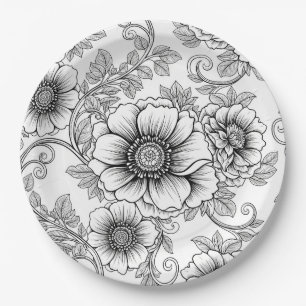 Prato De Papel Padrão de Arte de Linha Floral Preto e Branco Eleg