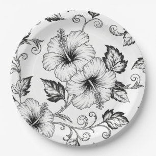 Prato De Papel Padrão de Arte de Linha Floral Preto e Branco Eleg