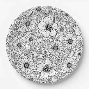 Prato De Papel Padrão de Arte de Linha Floral Preto e Branco Eleg