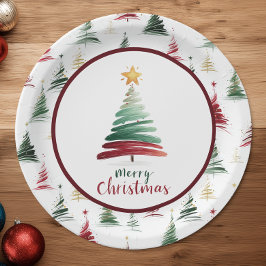 Prato De Papel Padrão de Árvore de Natal Minimalista Burgundy