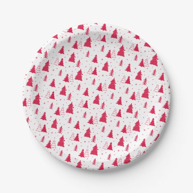 Prato De Papel Padrão de Árvore de Natal Vermelho (Frente)