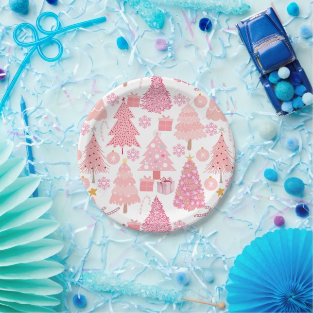 Prato De Papel Padrão de Árvores de Natal Rosa (Festa)