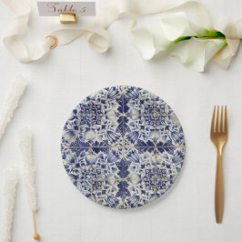 Prato De Papel Padrão de Azulejo Branco Geométrico Azul Vintage