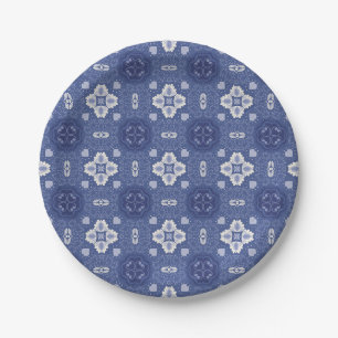 Prato De Papel Padrão de azulejo floral azul e branco ornamentado
