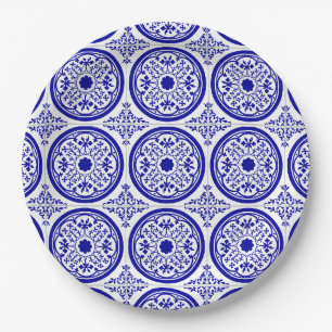 Prato De Papel Padrão de Azulejo Gótico Branco Azul