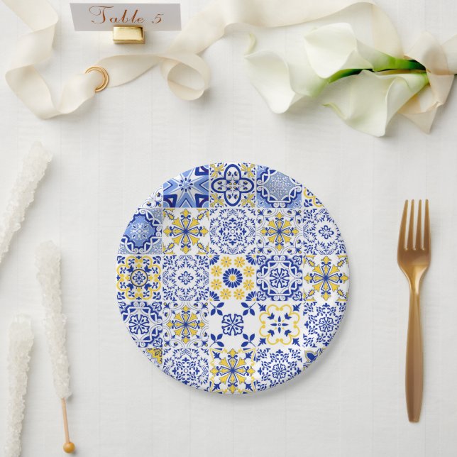 Prato De Papel Padrão de Azulejos Portugueses  (Casamento)