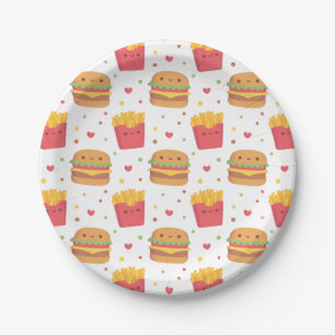 Prato De Papel Padrão de Batata Frita e Hambúrguer Kawaii