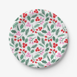 Prato De Papel Padrão de Berries e Folhas de Natal