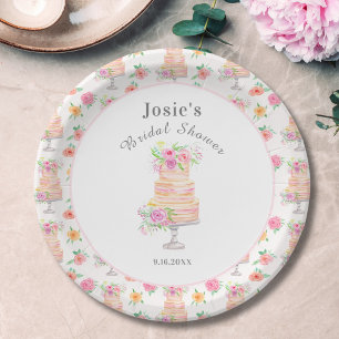Prato De Papel Padrão de Bolo de Camadas com Rosa em Aquarela par