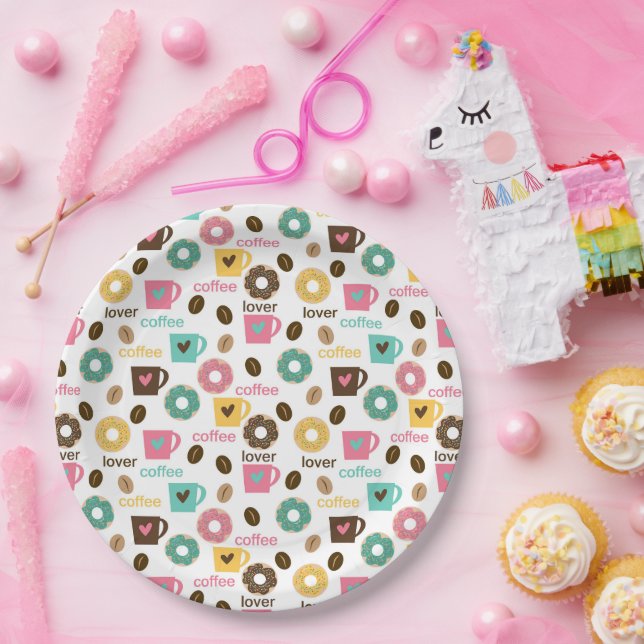Prato De Papel Padrão de Café e Donut  (Festa)
