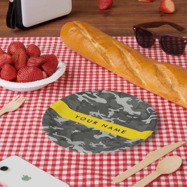 Prato De Papel Padrão de Camuflagem Cinza, Seu nome, Personalize (Piquenique)