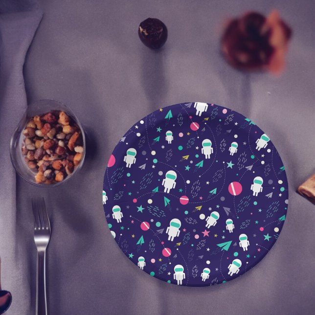 Prato De Papel Padrão de Cartoon do Astronauta Espacial (planet space astronaut,birthday,wedding,baby shower,special occasion event paper plate party supplie)
