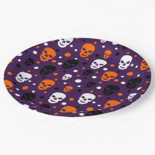 Prato De Papel Padrão de Caveiras Coloridas de Halloween com Pont
