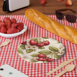 Prato De Papel Padrão de Cerejeira Vintage com Cerejas Vermelhas