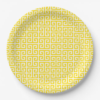 Prato De Papel Padrão de Chave Grega Amarelo Dourado
